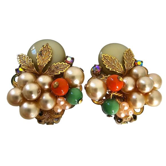 Vintage Beaded Earrings Clip On Gold Tone Leaf Faux Pearl Cluster AB stones Fall - Picture 1 of 8